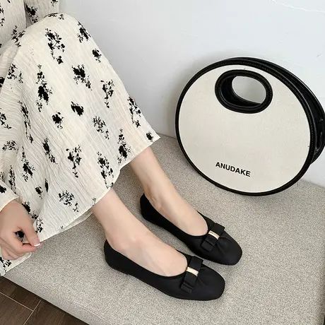 单鞋女夏季2023年新款平底一脚蹬豆豆鞋配裙子温柔职业复古奶奶鞋商品大图