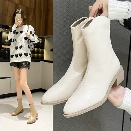软皮2023秋冬新款时装尖头女靴马丁靴中跟短靴侧拉链舒适中筒靴商品大图