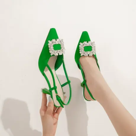 法式绿色一字带高跟鞋女细跟2023年夏季新款性感尖头水钻时装凉鞋图片