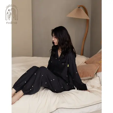 妮狄娅2023睡衣女春秋季纯棉双层纱布翻领开衫宽松大码家居服套装图片
