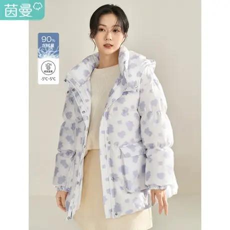 茵曼2022冬女装新款休闲连帽宽松色织花朵提花调节腰带鸭绒羽绒服图片