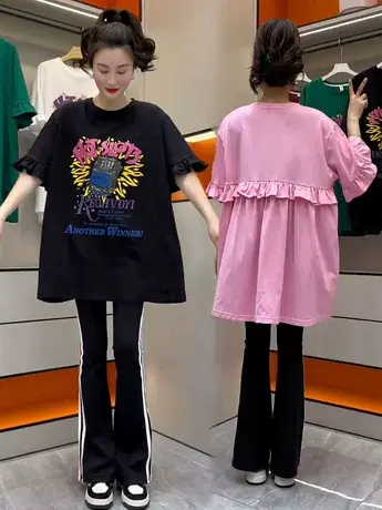 2023夏季新款小众设计感印花宽松懒惰风百搭别致短袖T恤女上衣ins商品大图