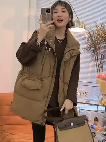 羽绒棉马甲女百搭外穿2023年新款潮流收腰中长款马夹大码休闲背心商品大图