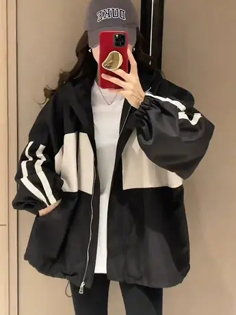字母连帽外套女2023春秋新款港味宽松时尚撞色夹克拉链风衣棒球服图片