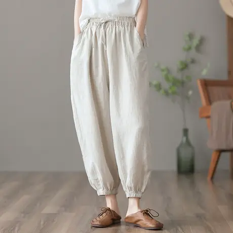 dza 高腰显瘦白色阔腿棉麻裤子女士春夏新款宽松直筒裤亚麻哈伦裤图片