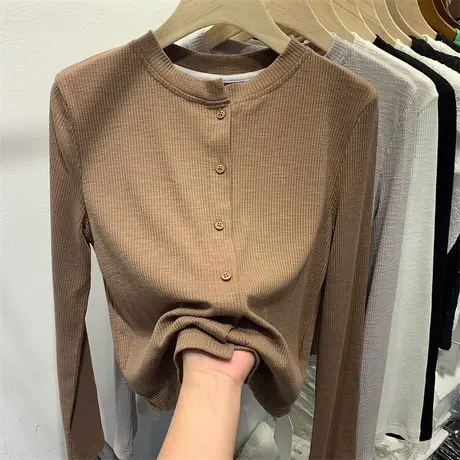 欧货长袖T恤女秋季2023新款修身打底衫短款上衣瘦瘦衫纯色针织衫商品大图