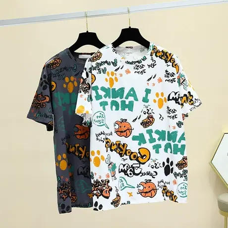 2023夏季新款情侣女装大码上衣服chic早秋中长款宽松短袖t恤潮ins图片