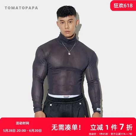 TOMATOPAPA新款长袖t恤高领紧身打底衫体恤健身训练性感透男上衣商品大图