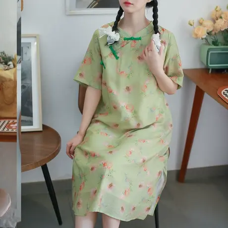 胖妹妹盘扣旗袍连衣裙大码国风开叉旗袍图片