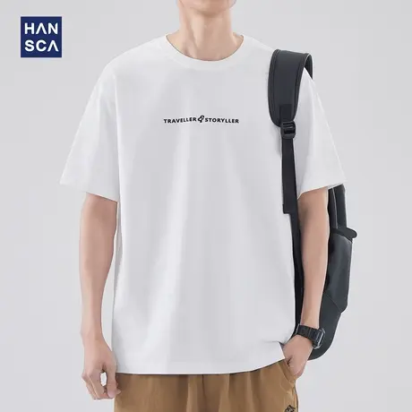 hansca 简约纯色圆领短袖t恤男夏季新款美式字母印花百搭宽松半袖商品大图