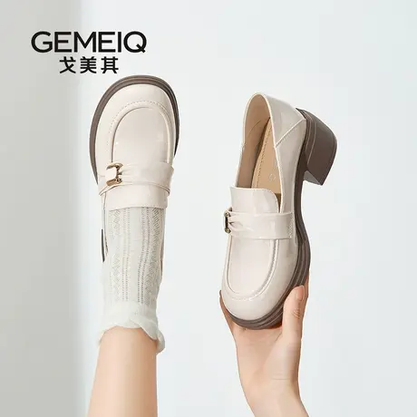 戈美其2025春季新款女鞋英伦风踩脚两穿乐福鞋女漆皮浅口粗跟单鞋商品大图