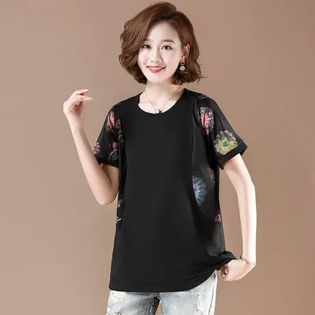 凯诗帕夏季加肥加大码女装宽松中长款短袖T恤女印花中年妈妈体恤商品大图