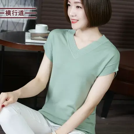 上衣女夏季V领中年妈妈短袖针织衫打底衫夏装半袖女装2023年新款商品大图