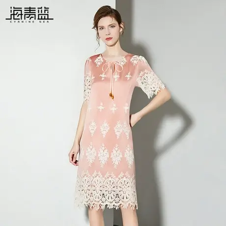 海青蓝 轻熟小众不撞款裙子蕾丝花边系带高级女装海边度假连衣裙图片