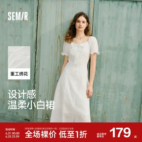 森马连衣裙女设计感重工绣花气质夏2025新款花边翻领泡泡袖小白裙图片
