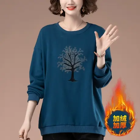 卫衣女秋冬大码女装宽松中年妈妈百搭遮肚子圆领加绒加厚打底衫商品大图