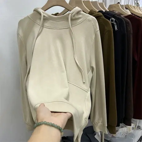 2022新款欧货宽松双面德绒加厚连帽卫衣女秋冬磨毛设计感小众上衣商品大图