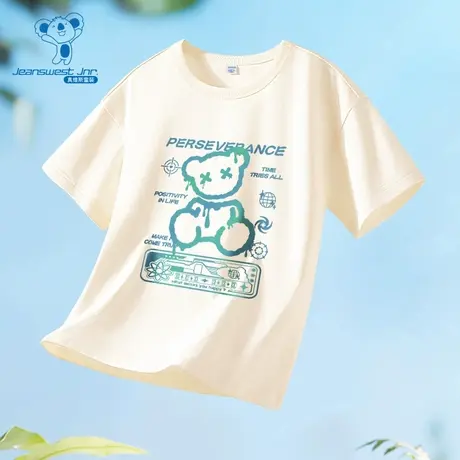 JU真维斯男女同款童装2025夏季新款潮流小熊印花时尚圆领短袖T恤商品大图