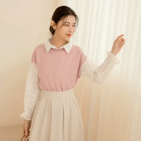 桔熊秋冬季假两件套上衣女宽松蕾丝荷叶袖拼接圆领t恤大码AB17613商品大图