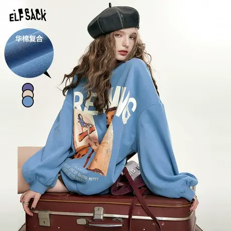 妖精的口袋圆领宽松无帽卫衣女2023秋季新款印花休闲美式复古上衣商品大图