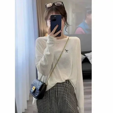 白色薄款长袖防晒罩衫女夏季新款韩版宽松休闲百搭t恤空调衫上衣图片