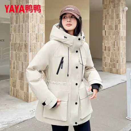 鸭鸭正品羽绒服女士中长款2025冬季新款小个子时尚连帽鸭绒厚外套商品大图