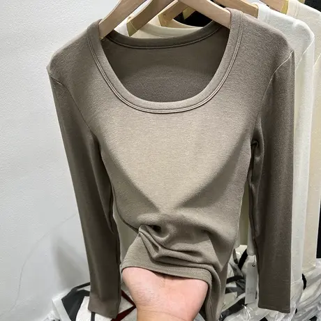 ins超火方领正肩长袖T恤女春秋2023新款修身显瘦内搭打底小衫上衣图片