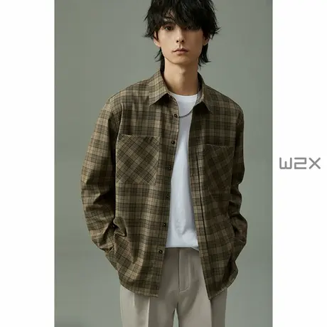 w2x春季复古格纹羊毛长袖衬衫男宽松廓形格子衫设计感休闲衬衣潮商品大图
