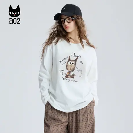 a02黑猫系列宽松圆领长袖T恤女2025新款秋季白色上衣设计感打底衫商品大图