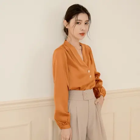 桔熊春秋季通勤气质微光泽雪纺衫修身v领泡泡袖上衣女大码AB17598商品大图