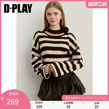 DPALY2025年秋季新款咖色毛衣女撞色宽松镂空圆领羊毛针织衫上衣图片