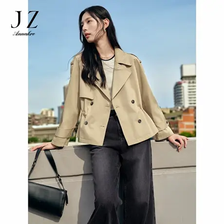 玖姿安娜蔻复古英伦风驳领抽绳短款无龄风衣外套女装2024秋季新款图片