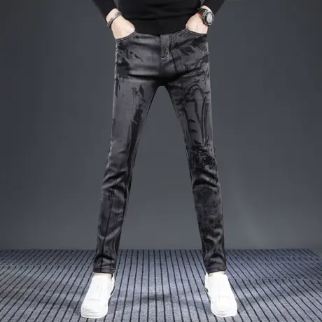 香港高端绣花牛仔裤男款潮牌修身小脚2023新款秋冬款黑色男士裤子图片