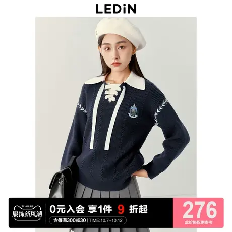 乐町撞边休闲POLO领针织衫冬V领绑带设计美式学院风宽松套头毛衣图片