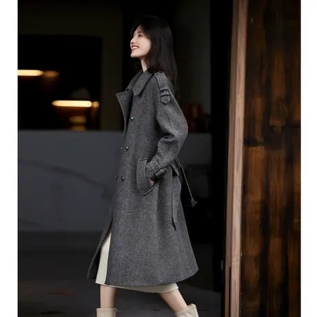时尚气质加厚大衣2023冬季新款翻领收腰百搭韩版长款呢子外套商品大图