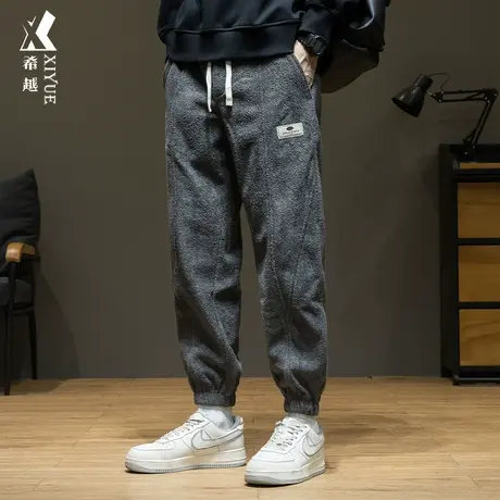希越加绒加厚男士卫裤秋冬重磅休闲裤子宽松加大码美式拼接运动裤商品大图