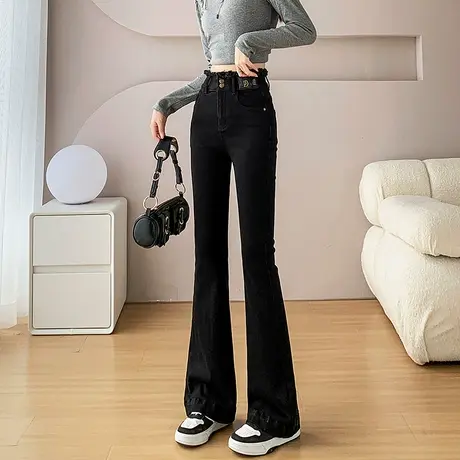 黑色加绒微喇牛仔裤女2023秋冬新款高腰显瘦加厚小个子马蹄喇叭裤图片