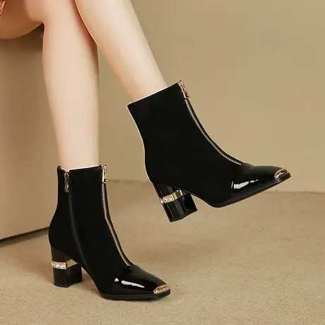 2023春秋新款复古时尚百搭粗跟磨砂羊皮法式小方头显瘦高跟短靴女图片