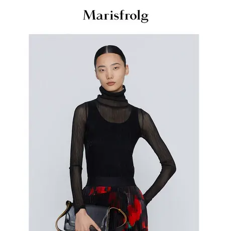 玛丝菲尔春季堆堆领高领黑色毛针织衫轻薄款配内衬商品大图