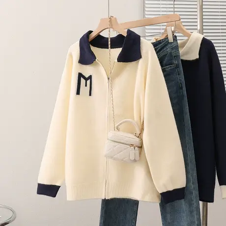 23069新款韩版宽松女士毛衣套头外套拉链宽松拼接针织衫长袖女商品大图