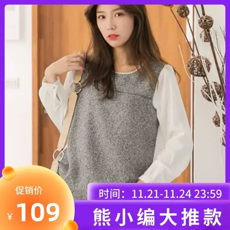 桔熊秋冬季韩版通勤宽松撞色毛呢料拼接雪纺袖上衣女装大码AB4675图片