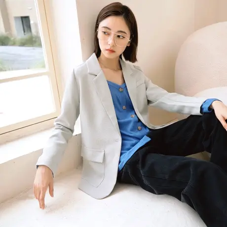 桔熊春秋季通勤小格纹翻领宽松微挺修身西装外套女大码EA3426商品大图