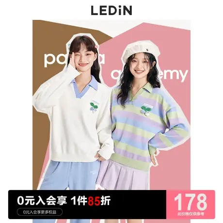 乐町熊猫学院风针织上衣女2023早春新款针织衫少女休闲撞色毛衣女图片