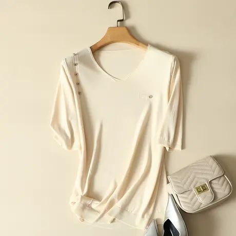 短袖t恤女装夏装2024年新款ins潮冰丝针织打底衫宽松v领上衣夏季商品大图