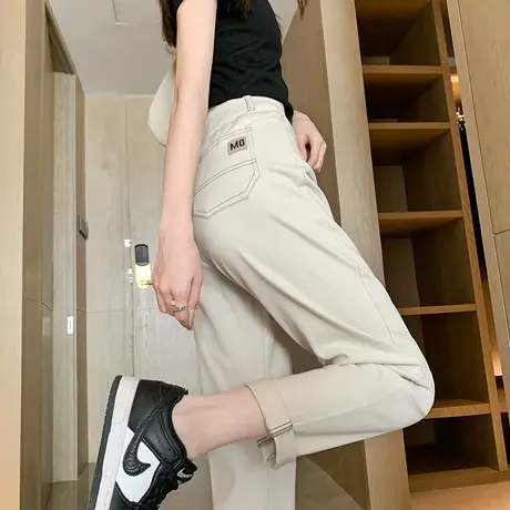 米白色直筒牛仔裤女宽松高腰2024年春秋新款卡其休闲卷边九分裤子商品大图