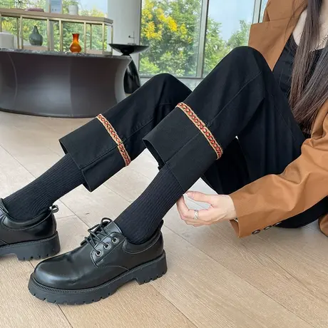 高腰撞色直筒牛仔裤女2023秋冬新款显瘦挽边小个子九分法棍烟管裤商品大图