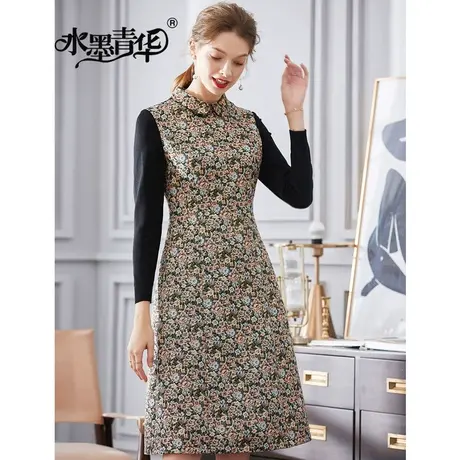 水墨青华冬装新款时尚针织长袖简约修身优雅气质提花连衣裙图片
