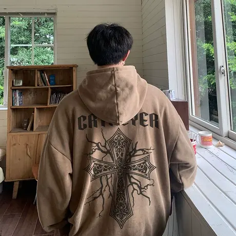 春秋季新款宽松套头卫衣男ins复古创意十字架水洗做旧连帽上衣服商品大图