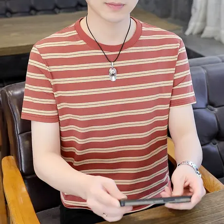 条纹圆领短袖打底衫男韩版潮流时尚休闲半袖体恤纯棉T恤男装夏季商品大图