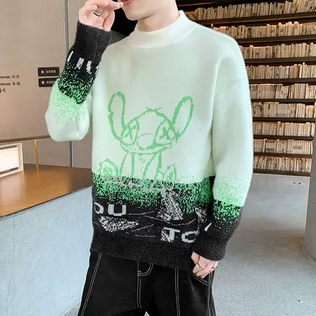 半高领水貂绒毛衣男士秋冬季羊绒衫加厚渐变色提花打底衫保暖上衣商品大图